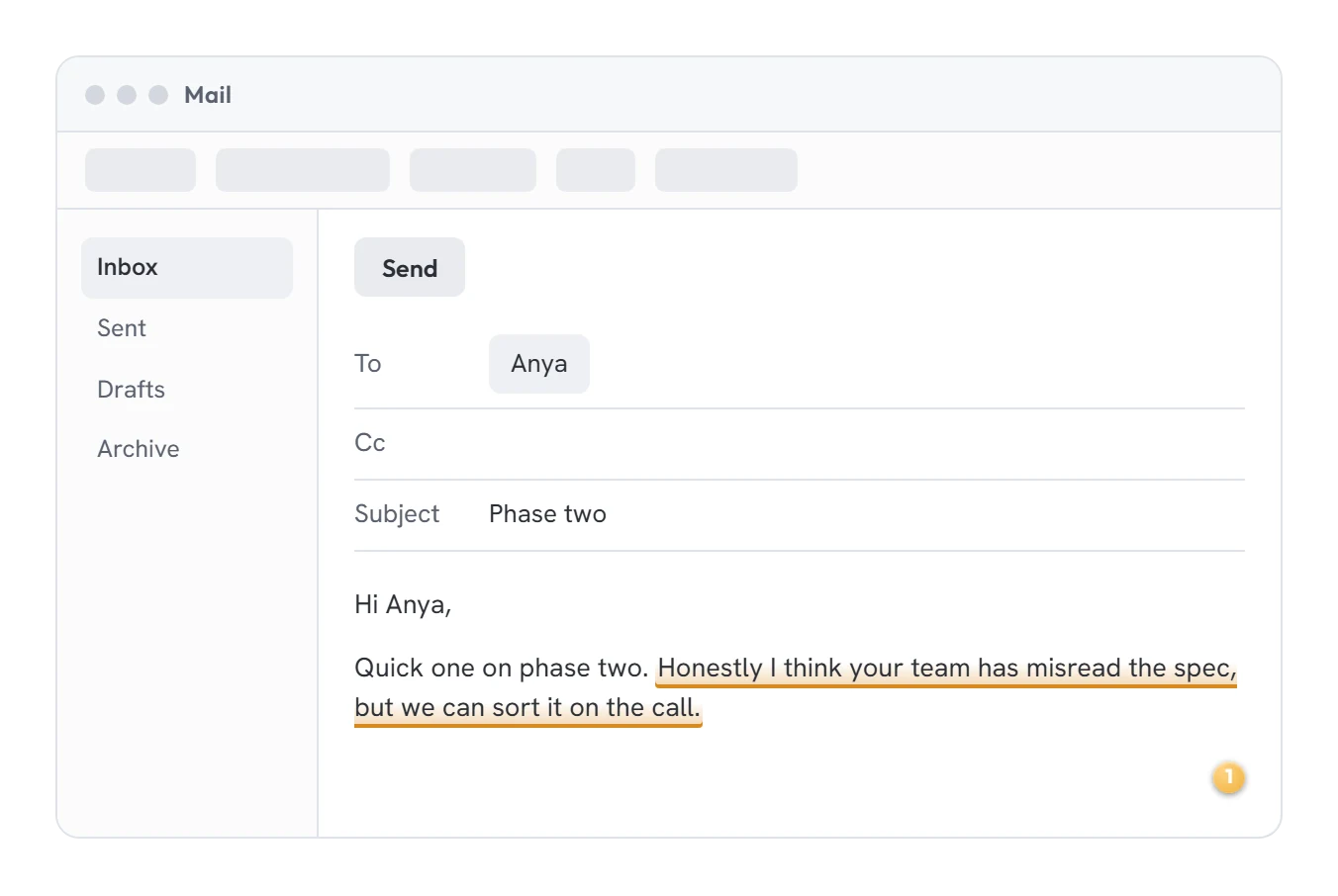 Outlook with its folder list, writing an email. One sentence is flagged amber and the Cantis light at the corner of the field shows 1.