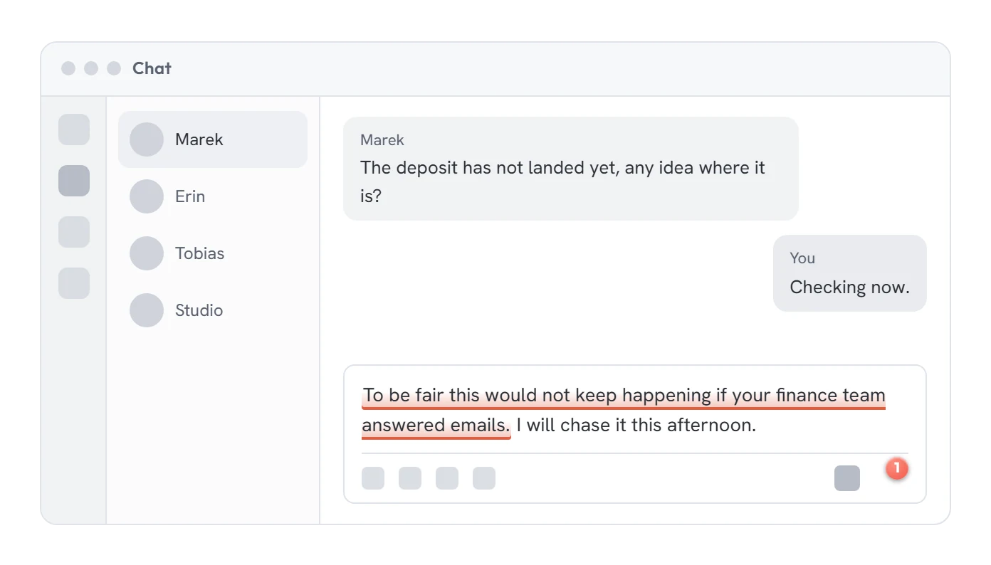 A Teams chat with one sentence flagged red and the Cantis light in the message box.