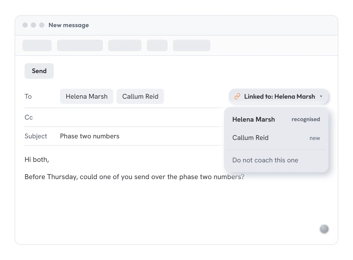 An Outlook email addressed to two people, with the Cantis menu open asking which relationship to coach for, including an option not to coach this one.